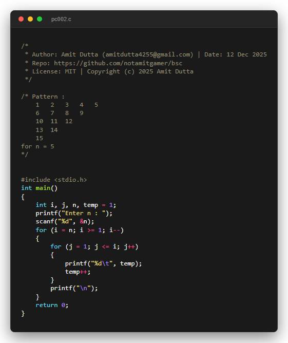 Pattern : 1   2   3   4   5 6   7   8   9 10  11  12 13  14 15 for n = 5
